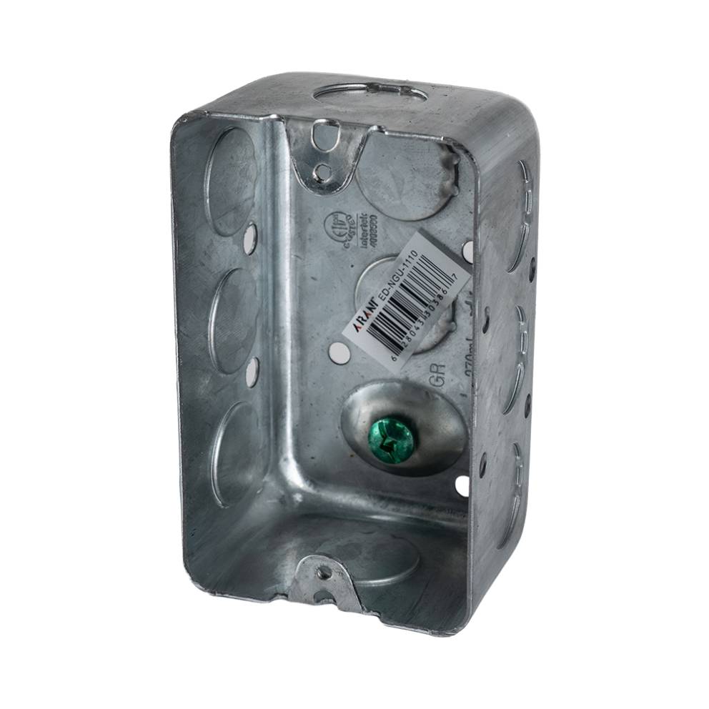 Arani 1110 utility box, 1-7/8 in deep, 16.5 cu in, knockouts, three-quarter view with green grounding screw and barcode label