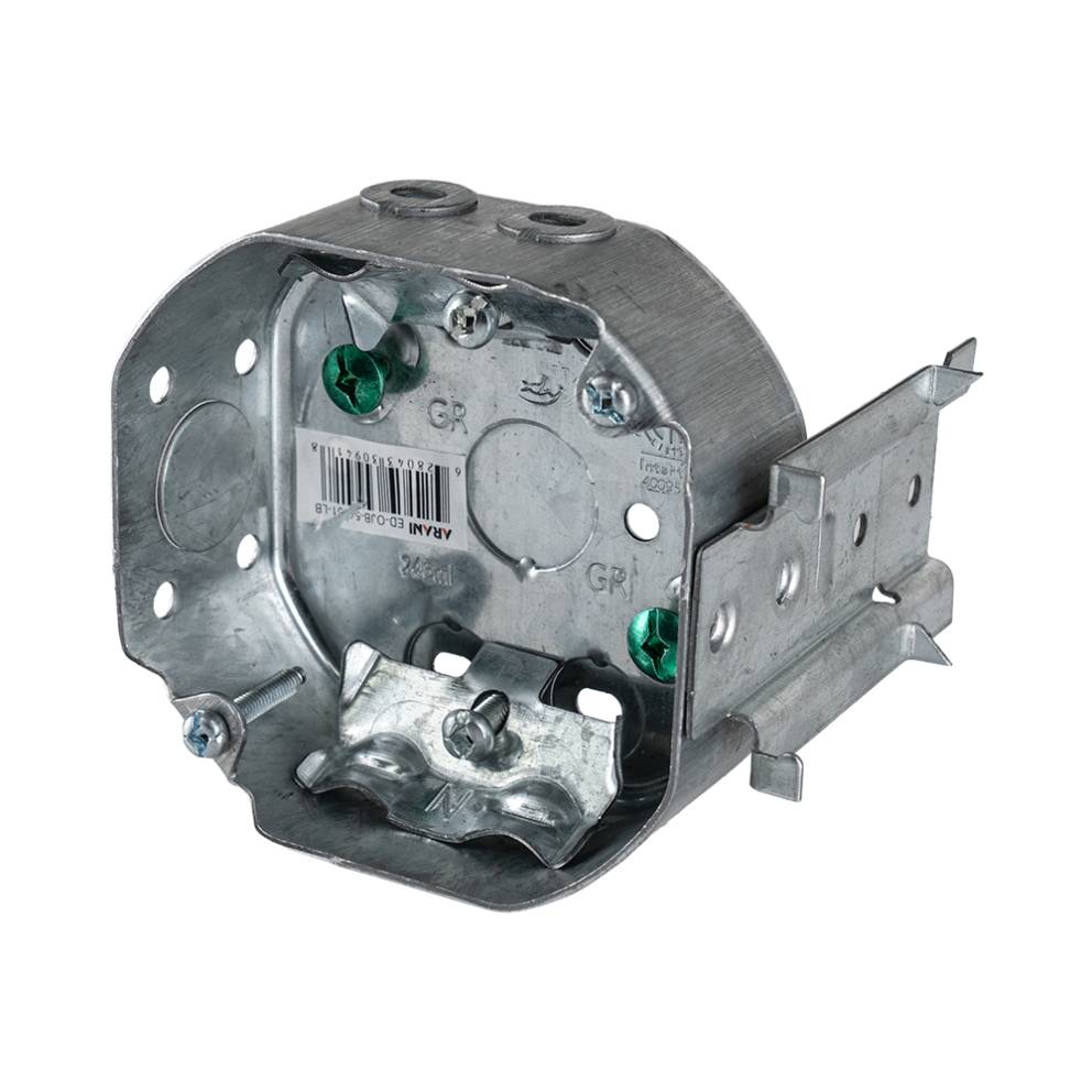 Arani 54151-LB octagon box, 1-1/2 in deep, side mount bracket, three-quarter view with side mount bracket folded out