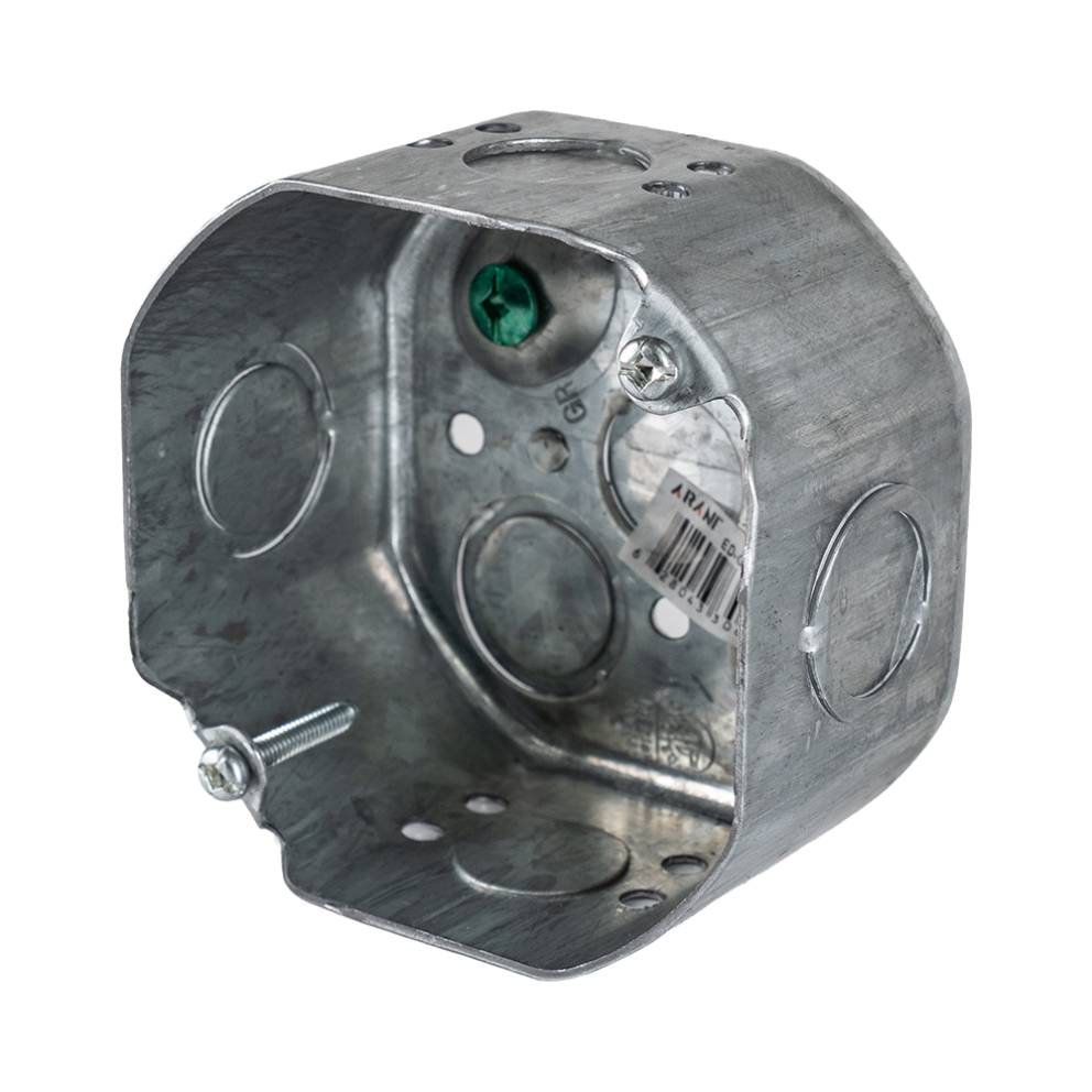 Arani 54171-K octagon junction box, 2-1/8 in deep, knockouts, three-quarter view with green grounding screw in the floor