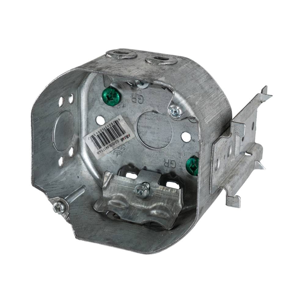 Arani 54171-LB octagon ceiling box, 2-1/8 in deep, side mount bracket, three-quarter view with side mount bracket folded out
