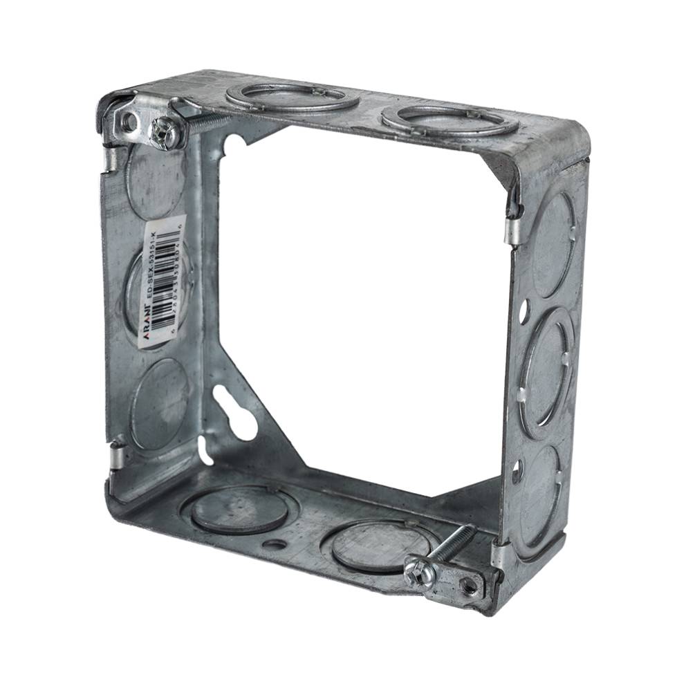 Arani 53151-K square box extension, 1-1/2 in deep, knockouts, three-quarter view: hollow ring with no back wall
