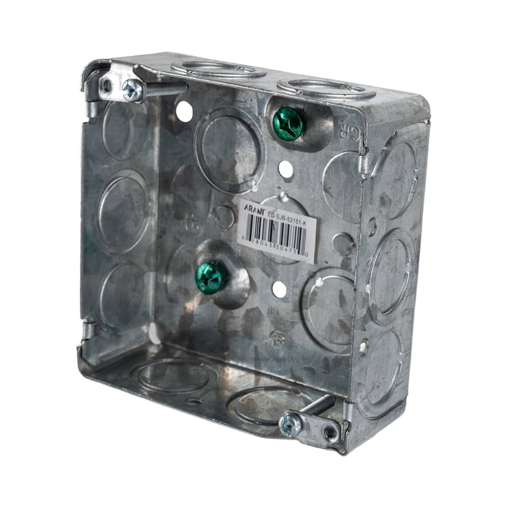 Arani 52151-K square junction box, 1-1/2 in deep, knockouts, three-quarter view with grounding screws on raised bosses