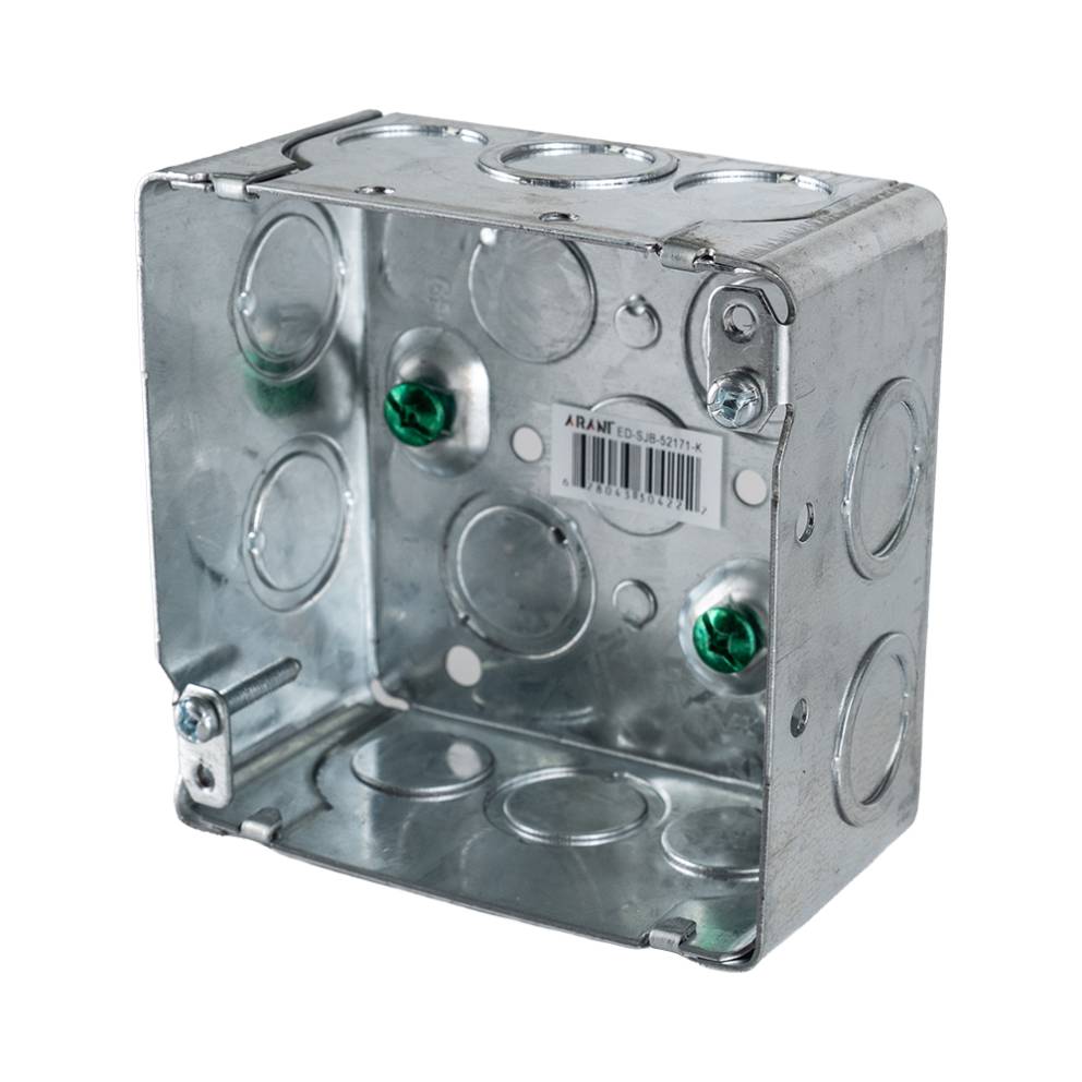 Arani 52171-K square junction box, 2-1/8 in deep, knockouts, three-quarter view: deep box with knockouts on all walls