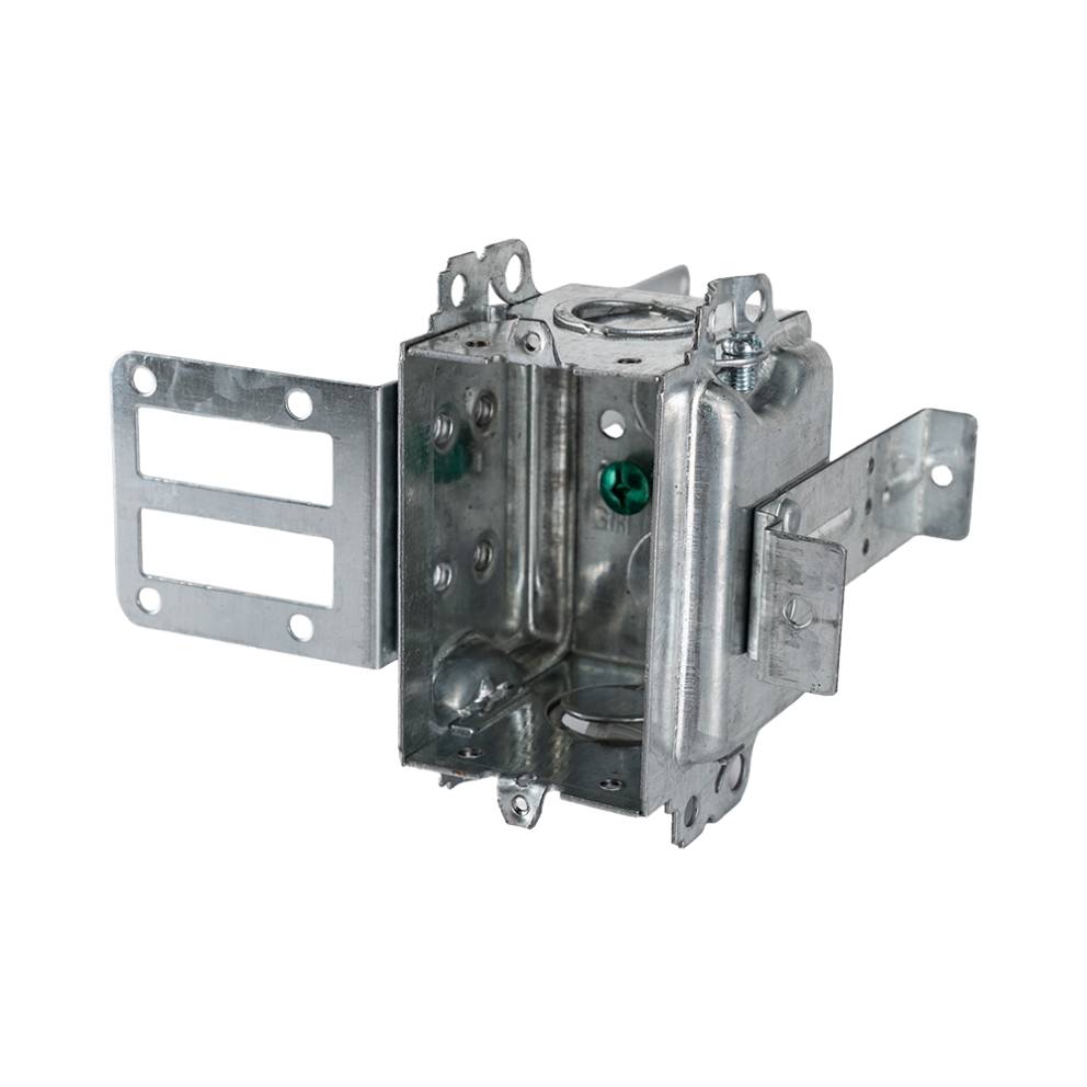 Arani 3104-KSSX gangable bubble steel stud box, 2-1/2 in deep, knockouts, three-quarter view with bracket wings extended