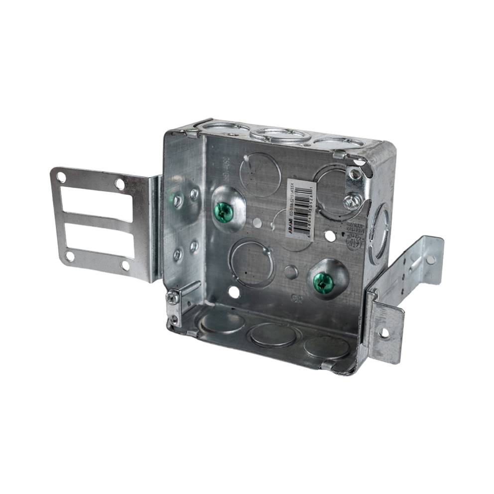 Arani 52151-KSSX square steel stud box, 1-1/2 in deep, knockouts, three-quarter view with grounding screws and knockouts