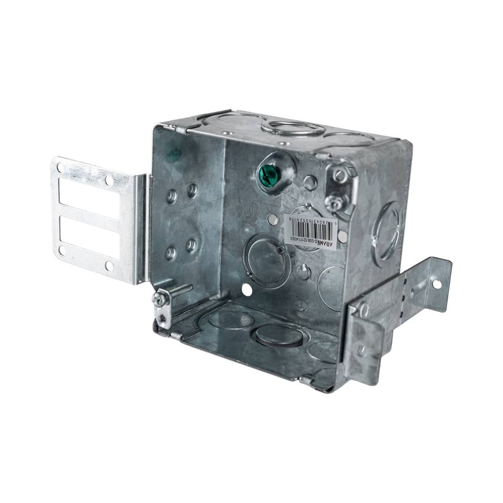 Arani 52171-KSSX square steel stud box, 2-1/8 in deep, knockouts, three-quarter view with grounding screw
