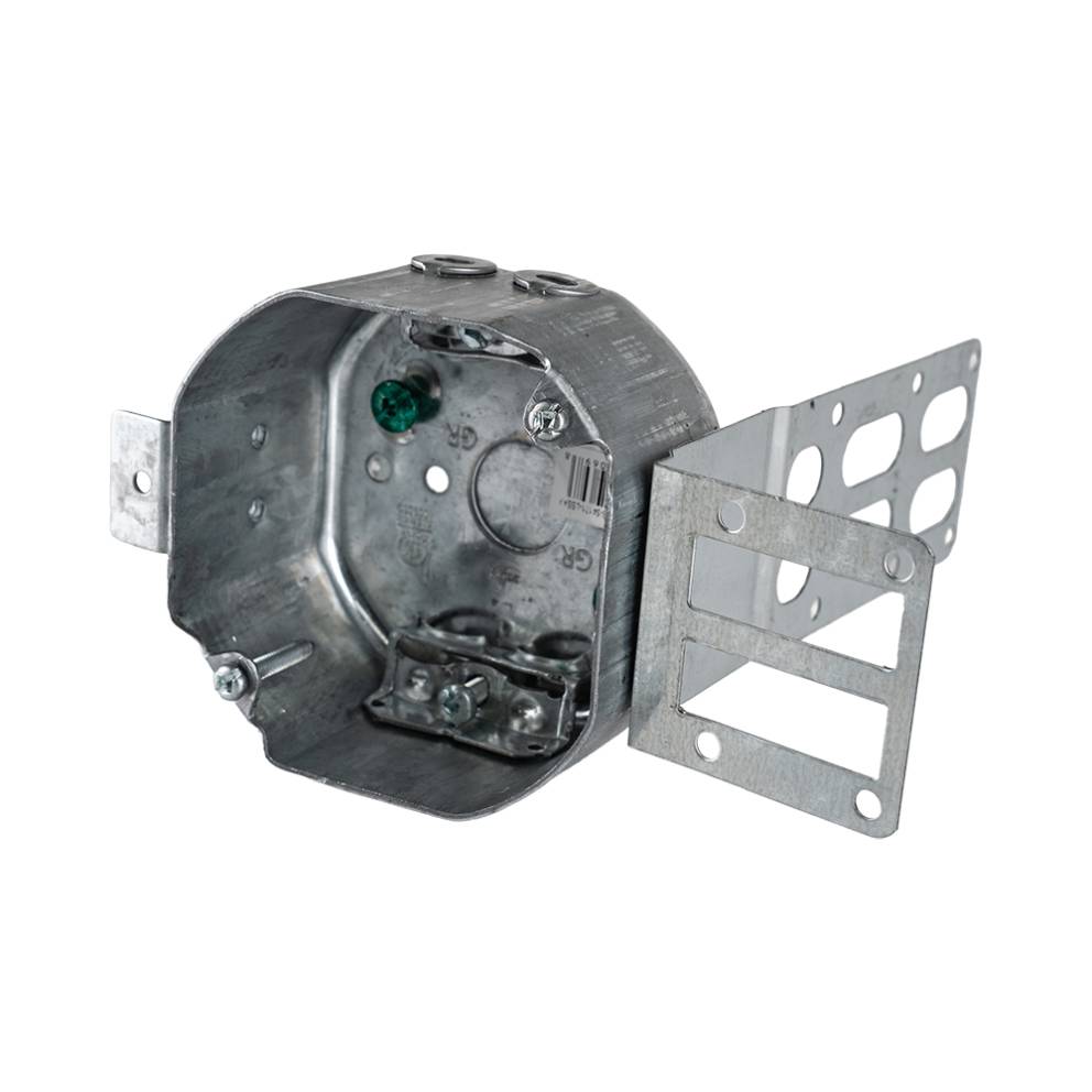 Arani 54171-LSSAX octagon steel stud box, 2-1/8 in deep, AC90, three-quarter view with grounding screw, clamp