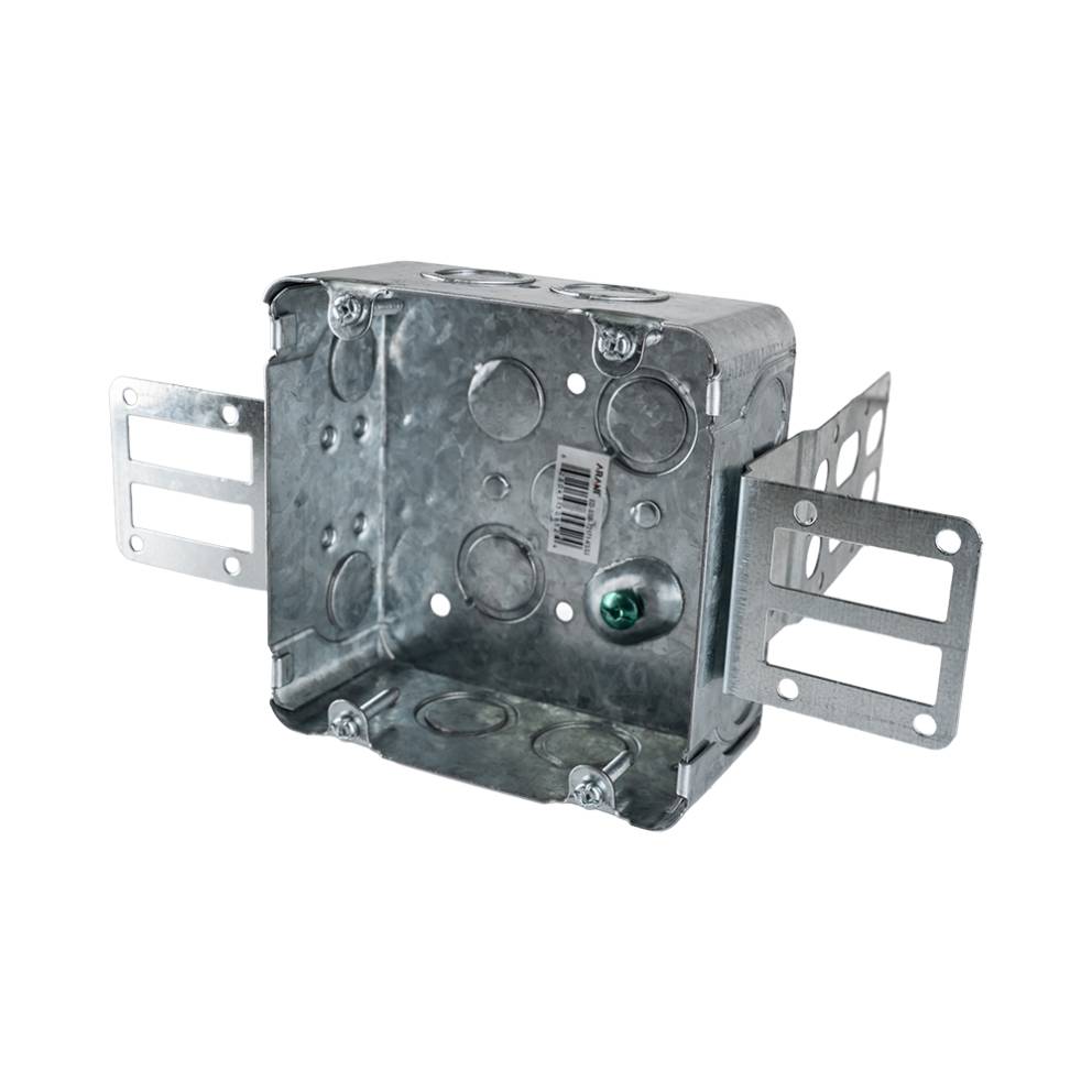 Arani 72171-KSSX 4-11/16 in square steel stud box, 2-1/8 in deep, three-quarter view with conduit knockouts across side wall
