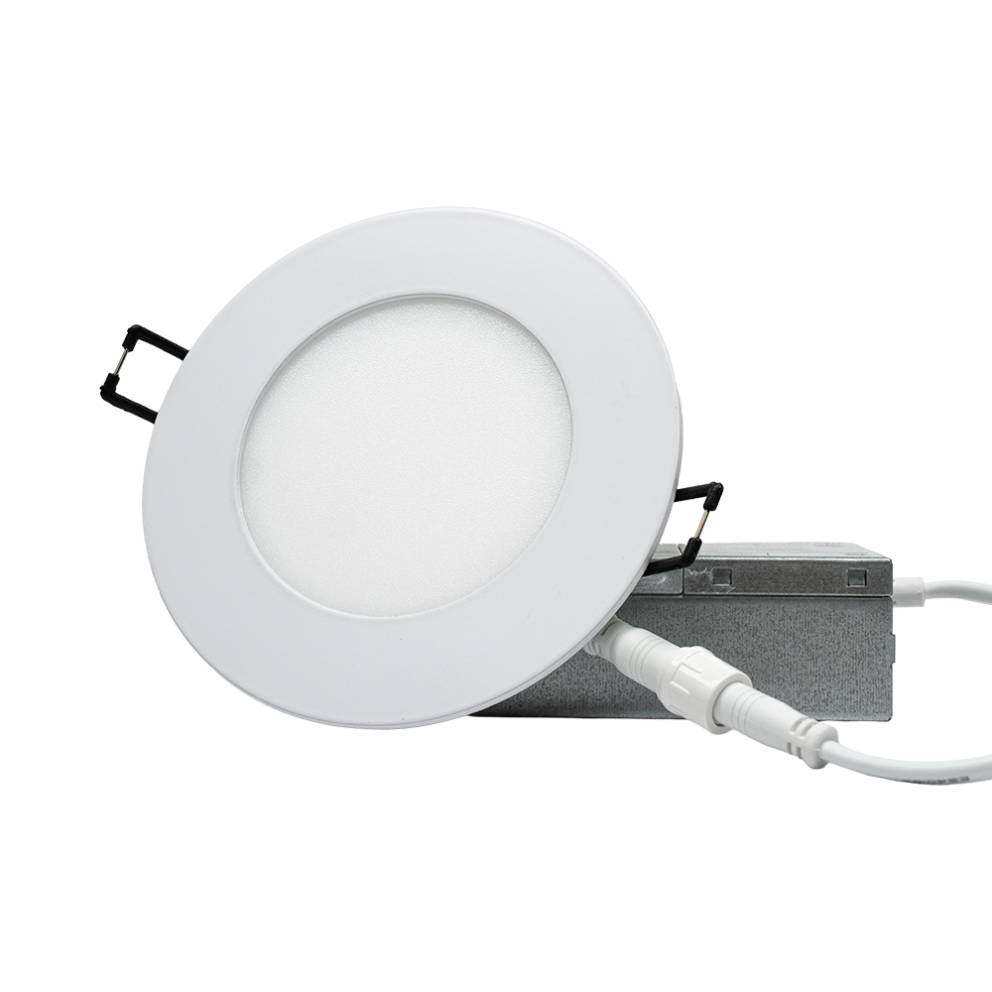 Arani SL4-RGBW-R-WH-V4 4 in RGBW LED slim panel, white, angled view with junction box driver