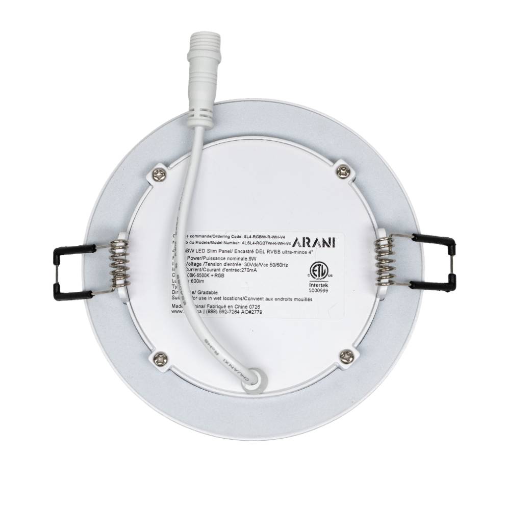 Arani SL4-RGBW-R-WH-V4 4 in RGBW LED slim panel, back view with spec label and quick-connect lead