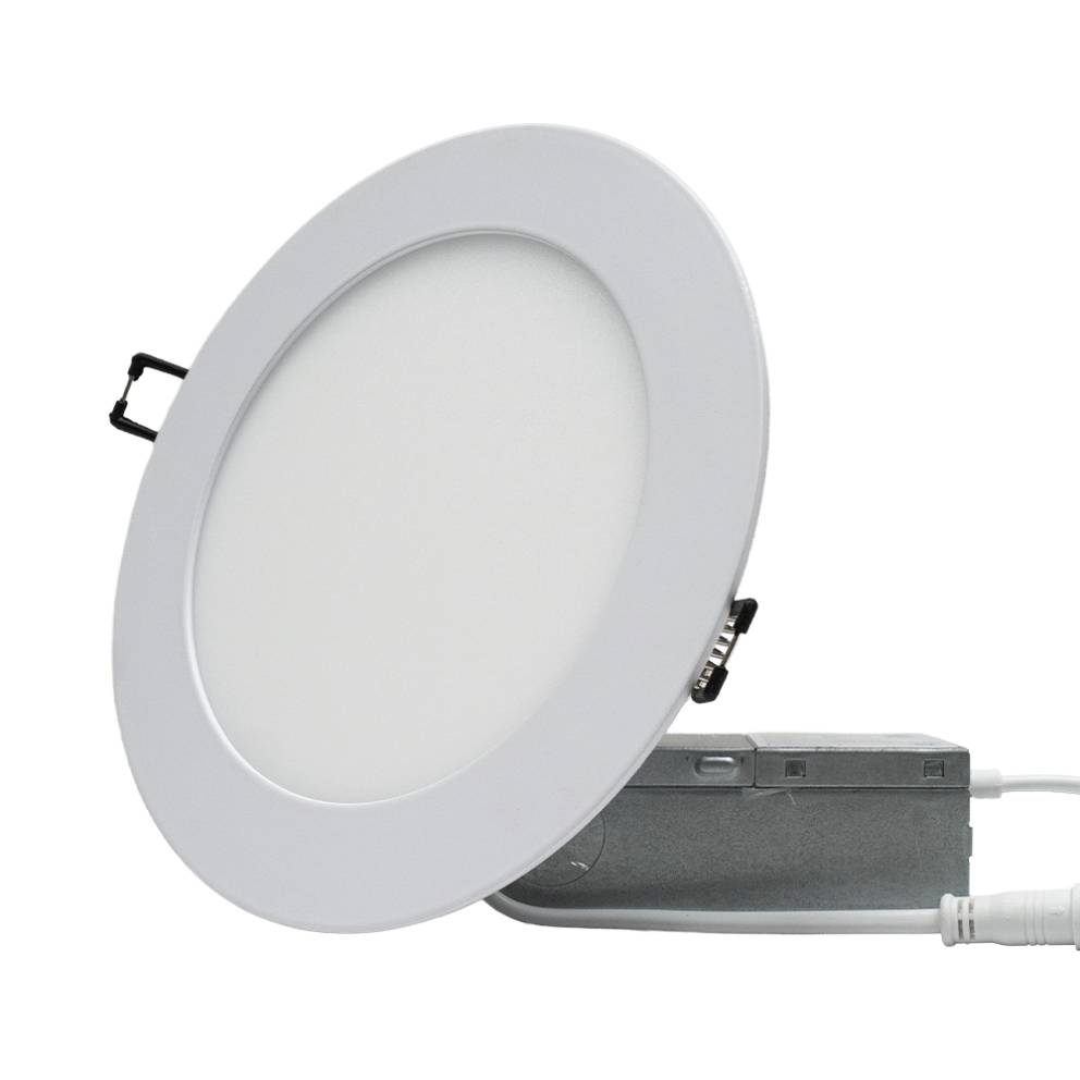 Arani SL6-RGBW-R-WH-V4 6 in RGBW LED slim panel, white, angled view with junction box driver
