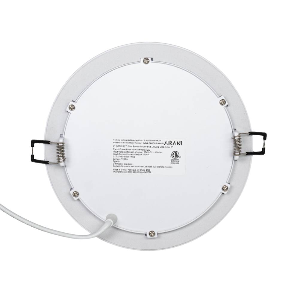 Arani SL6-RGBW-R-WH-V4 6 in RGBW LED slim panel, back view with spec label and quick-connect lead