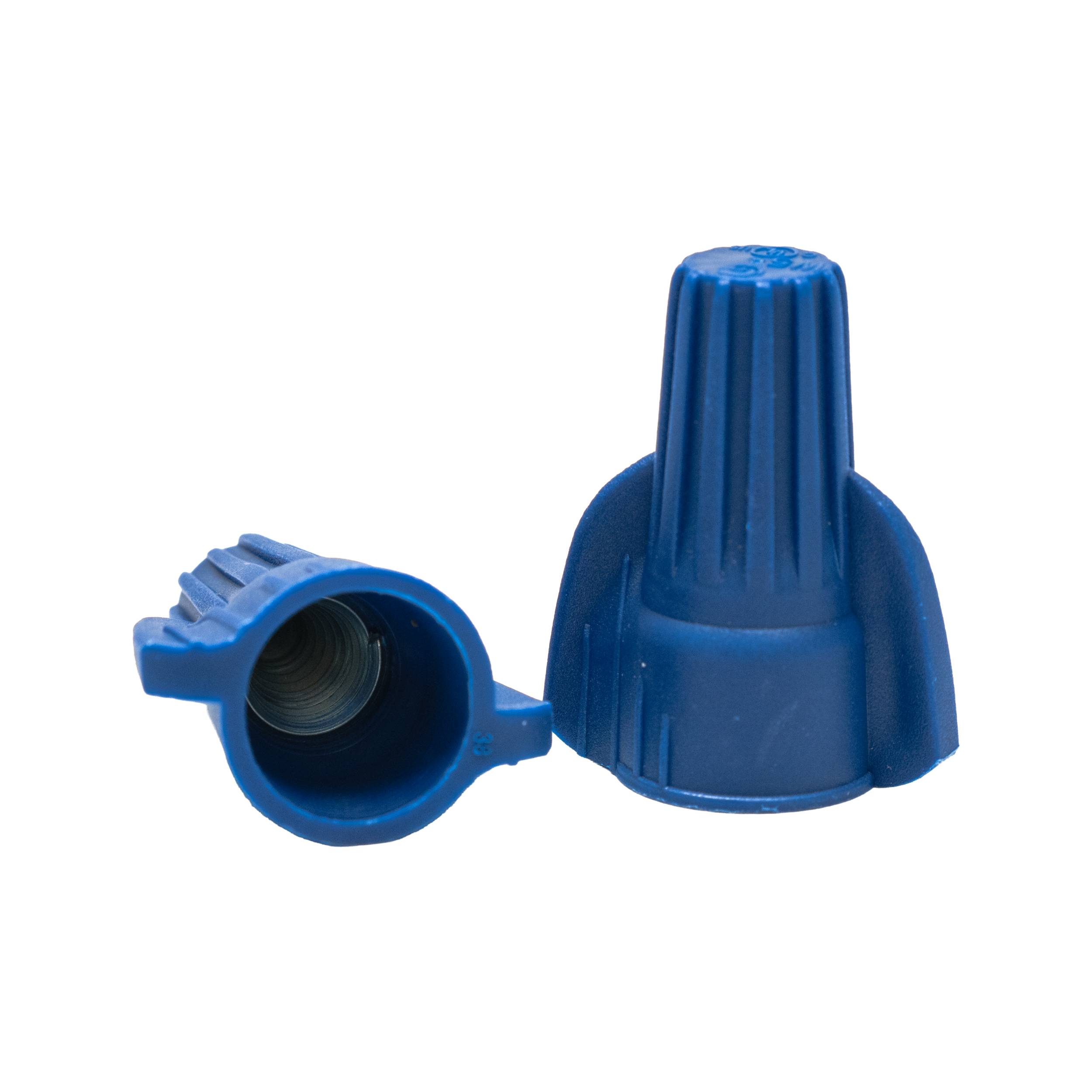 Two Arani TC-10-6-BL-V2 blue twist-on wire connectors, open end showing internal spring