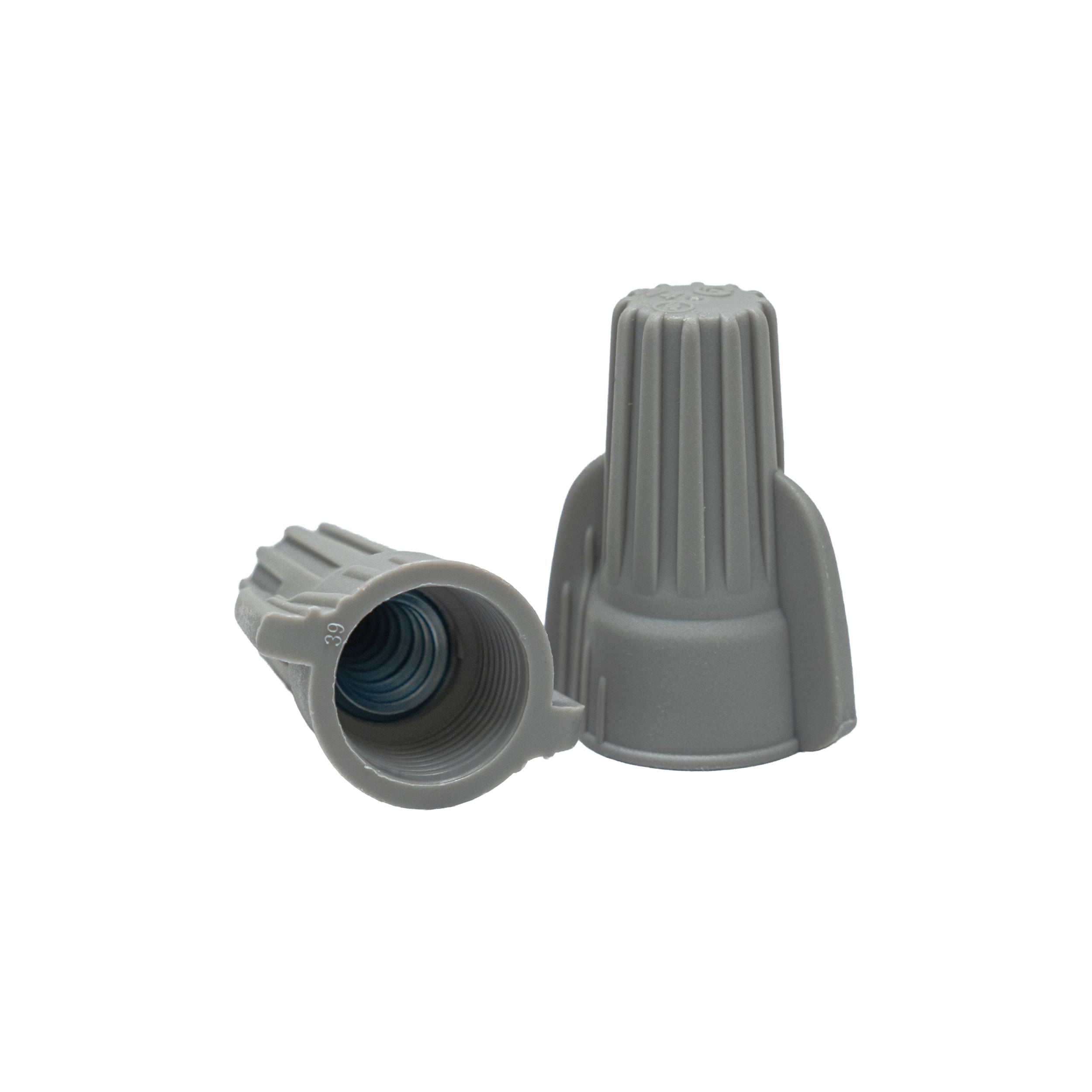 Two Arani TC-18-8-GR-V2 grey twist-on wire connectors, open end showing internal spring