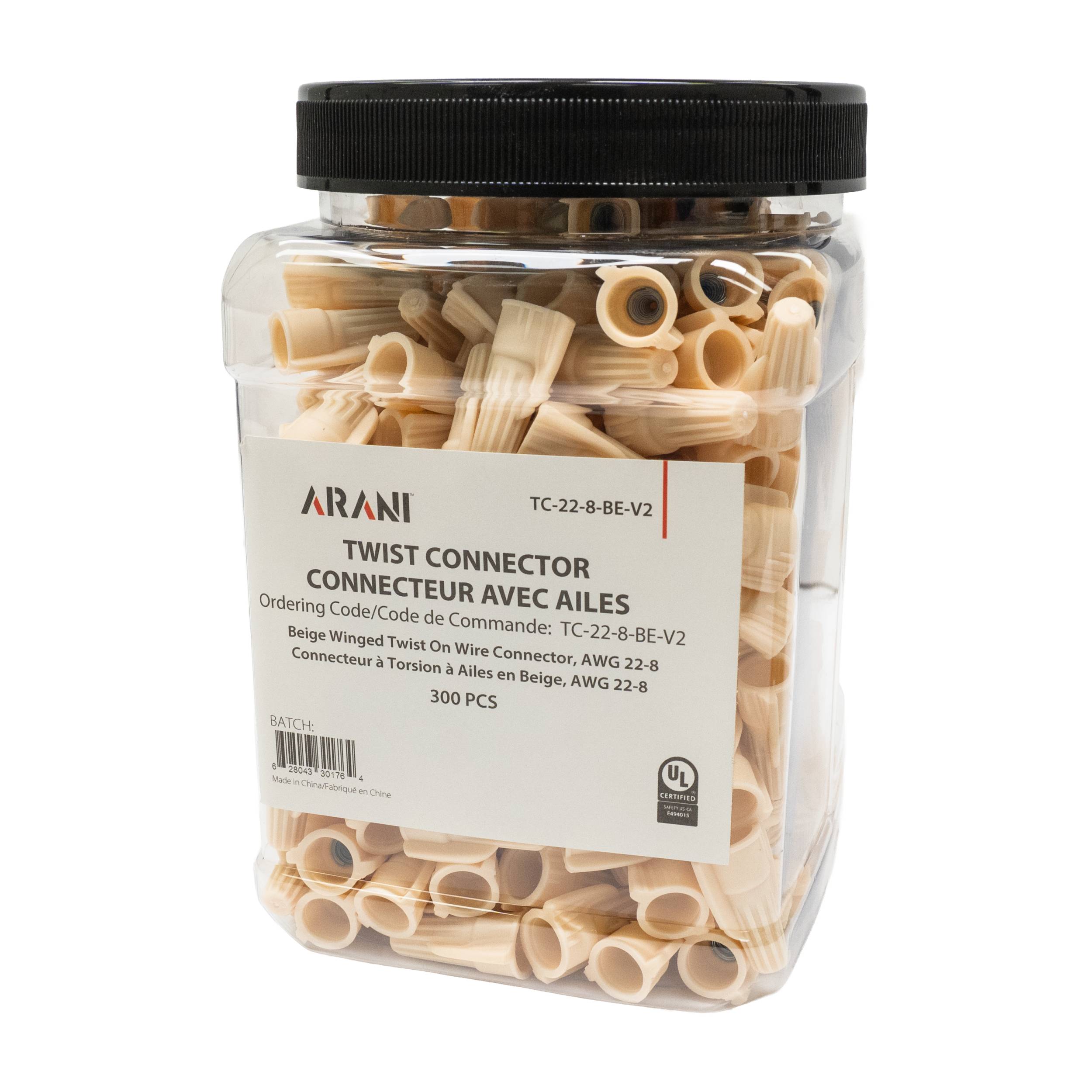Arani TC-22-8-BE-V2 beige winged twist-on wire connectors, jar of 300, AWG 22-8