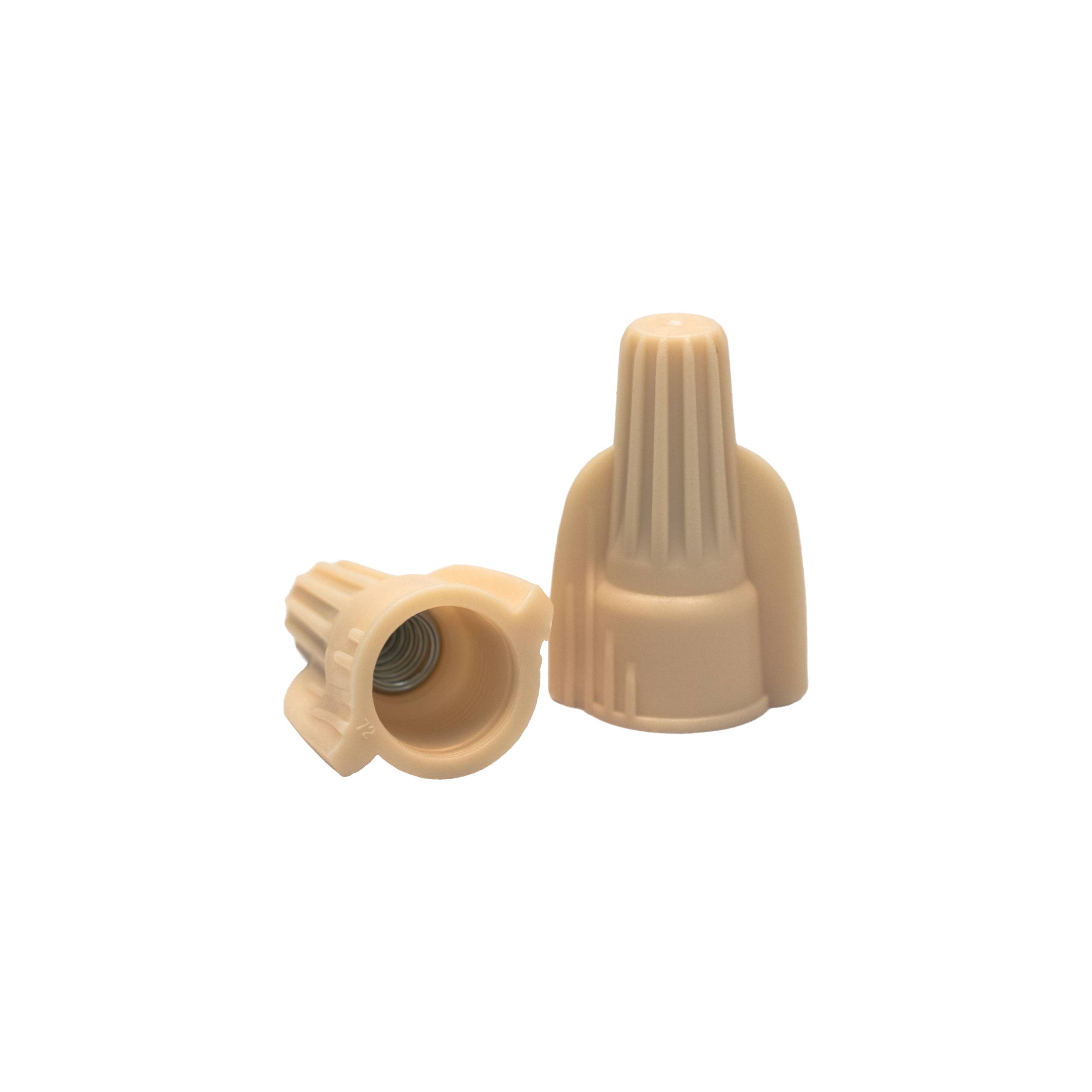 Two Arani TC-22-8-BE-V2 beige twist-on wire connectors, open end showing internal spring