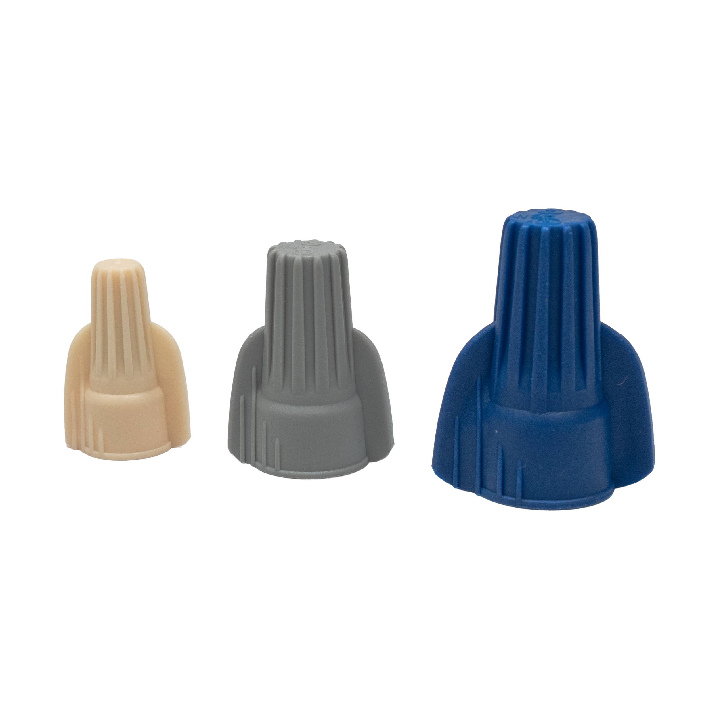 Arani V2 winged twist-on wire connector family: beige AWG 22-8, grey AWG 18-8, blue AWG 10-6
