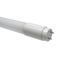 Tube DEL T8 de 4 pi, 18 W, 5000 K, vue en angle de la lentille givrée et du culot bi-broches G13 blanc