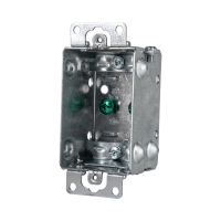 Arani 1100-L boîte d'appareils groupable, 1-1/2 po, NMD90, oreilles, vue trois quarts avec serre-câbles en haut et en bas