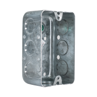 Arani 1110 boîte utilitaire, 1-7/8 po, 16,5 po cu, débouchures, vue trois quarts avec débouchures pour conduit sur la paroi
