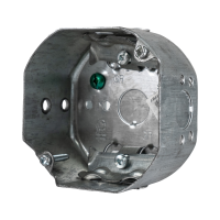 Arani 54171-LB boîte de plafond octogonale, 2-1/8 po, support latéral, vue trois quarts avec serre-câbles et vis