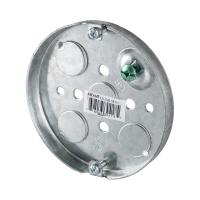 Arani 56111 boîte de plafond ronde pancake, 1/2 po, débouchures, vue trois quarts avec faible profondeur et une seule vis