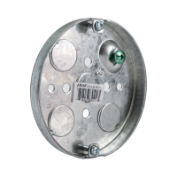 Arani 56111 boîte de plafond ronde pancake, 1/2 po, débouchures, vue trois quarts avec rebord rond de très faible profondeur