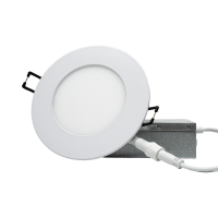 Encastré DEL RVBB ultra-mince 4 po Arani SL4-RGBW-R-WH-V4, blanc, vue en angle avec boîtier de jonction