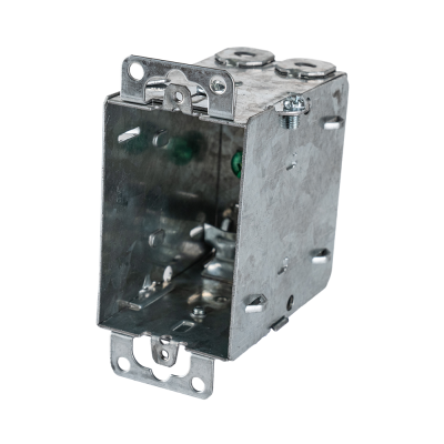 Arani 1004-L gangable device box, 3 in deep, NMD90, ears, three-quarter view with mounting ears and internal cable clamps