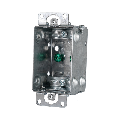 Arani 1100-L boîte d'appareils groupable, 1-1/2 po, NMD90, oreilles, vue trois quarts avec serre-câbles en haut et en bas