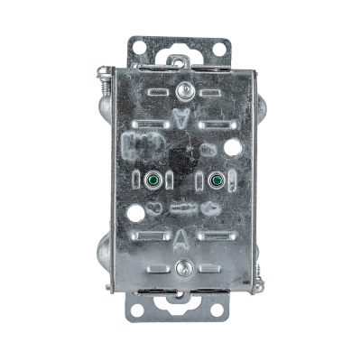 Arani 1100-L boîte d'appareils groupable, 1-1/2 po, NMD90, oreilles, vue arrière avec fentes de serre-câbles et bouts de vis