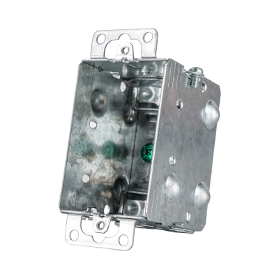 Arani 1104-LA boîte d'appareils groupable, 2-1/2 po, AC90, oreilles, vue trois quarts avec support pour montant déployé en haut