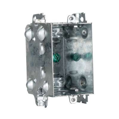 Arani 1104-LH boîte d'appareils groupable, 2-1/2 po, 12,5 po cu, sans oreilles, vue trois quarts arrière avec cuvettes