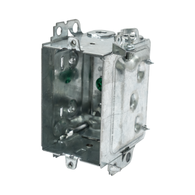 Arani 1304-LH boîte d'appareils groupable, 2-1/2 po, 14,5 po cu, sans oreilles, vue trois quarts avec pattes de positionnement