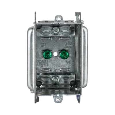 Arani 3104-LH boîte bombée groupable, 2-1/2 po, 16 po cu, sans oreilles, vue avant avec vis de mise à la terre vertes