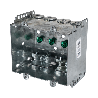 Arani 2104-LLE-2 2-gang device box, 2-1/2 in deep, NMD90, three-quarter view with four clamp collars along top wall