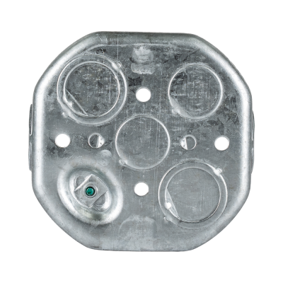 Arani 54151-K boîte de jonction octogonale, 1-1/2 po, débouchures, vue arrière avec cercles de débouchure embossés à l'arrière