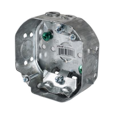 Arani 54151-L octagon junction box, 1-1/2 in deep, NMD90, three-quarter view with cable clamp in the box floor