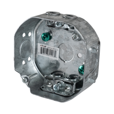 Arani 54151-LA octagon junction box, 1-1/2 in deep, AC90, three-quarter view with armoured cable clamps in the floor