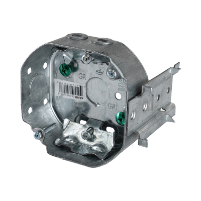 Arani 54151-LB octagon box, 1-1/2 in deep, side mount bracket, three-quarter view with side mount bracket folded out