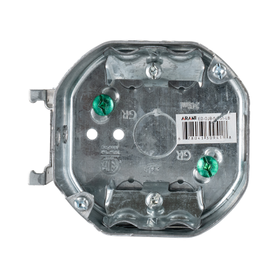 Arani 54151-LB boîte octogonale, 1-1/2 po, support latéral, vue avant avec serre-câbles et vis de mise à la terre