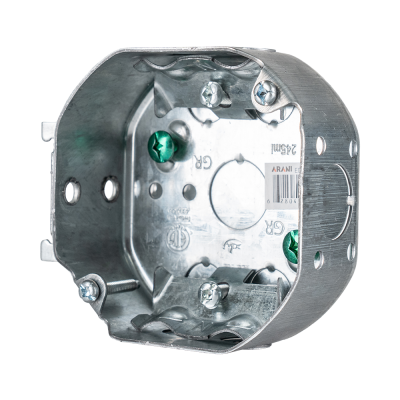 Arani 54151-LB boîte octogonale, 1-1/2 po, support latéral, vue avant avec serre-câbles et vis de mise à la terre dans le fond