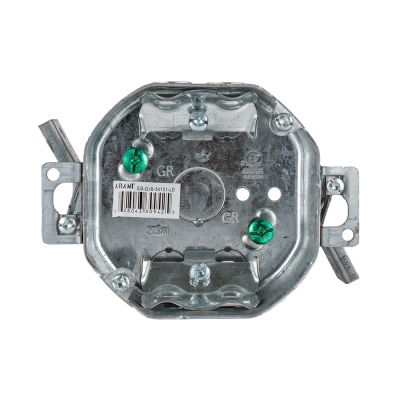 Arani 54151-LD boîte de plafond octogonale, 1-1/2 po, supports à bras pivotant, vue avant : serre-câbles avec supports