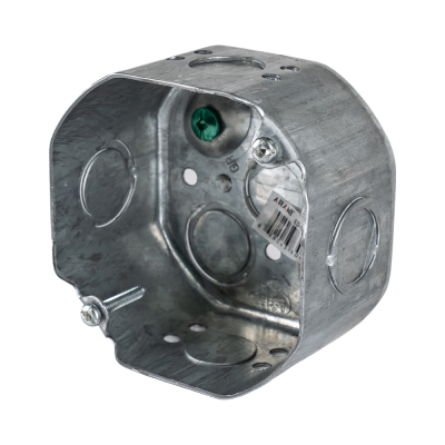 Arani 54171-K octagon junction box, 2-1/8 in deep, knockouts, three-quarter view with green grounding screw in the floor