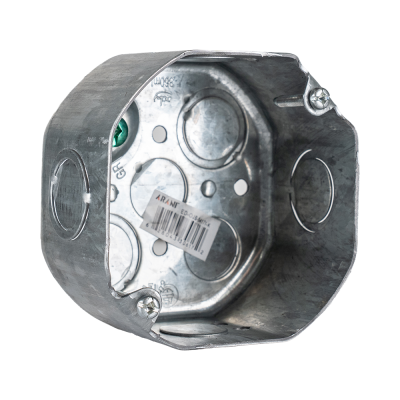 Arani 54171-K boîte de jonction octogonale, 2-1/8 po, débouchures, vue trois quarts : boîtier profond avec vis