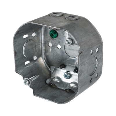 Arani 54171-L octagon junction box, 2-1/8 in deep, NMD90, three-quarter view with cable clamp in the box floor