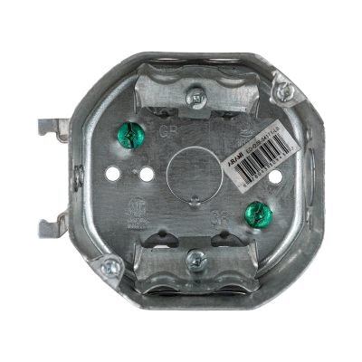 Arani 54171-LB boîte de plafond octogonale, 2-1/8 po, support latéral, vue avant avec serre-câbles et vis de mise à la terre