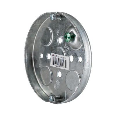 Arani 56111 boîte de plafond ronde pancake, 1/2 po, débouchures, vue trois quarts avec angle prononcé