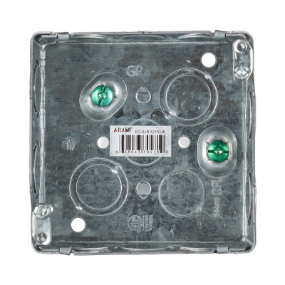 Arani 52151-K boîte de jonction carrée, 1-1/2 po, débouchures, vue avant avec débouchures arrière concentriques et vis