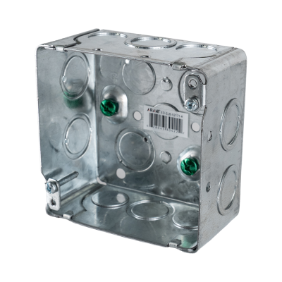 Arani 52171-K boîte de jonction carrée, 2-1/8 po, débouchures, vue trois quarts : boîtier profond avec débouchures